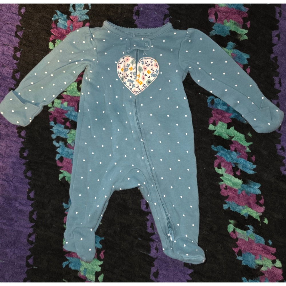 Baby Girls Blue Polka Dot Floral Heart Footed Pajamas‎ One Piece